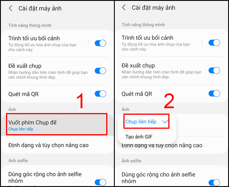 Vuốt ph&iacute;m để chụp li&ecirc;n tục